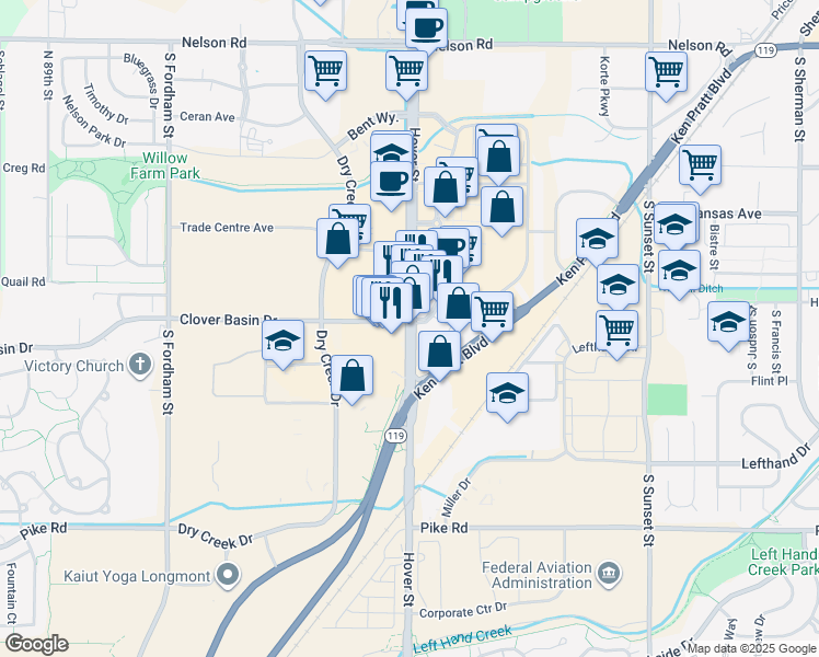 map of restaurants, bars, coffee shops, grocery stores, and more near 1303 South Hover Street in Longmont