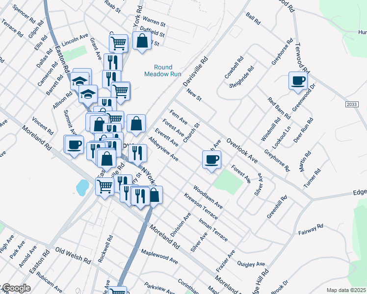 map of restaurants, bars, coffee shops, grocery stores, and more near 401 Church Street in Willow Grove
