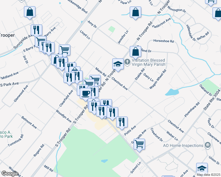 map of restaurants, bars, coffee shops, grocery stores, and more near 53 Larkin Lane in Norristown