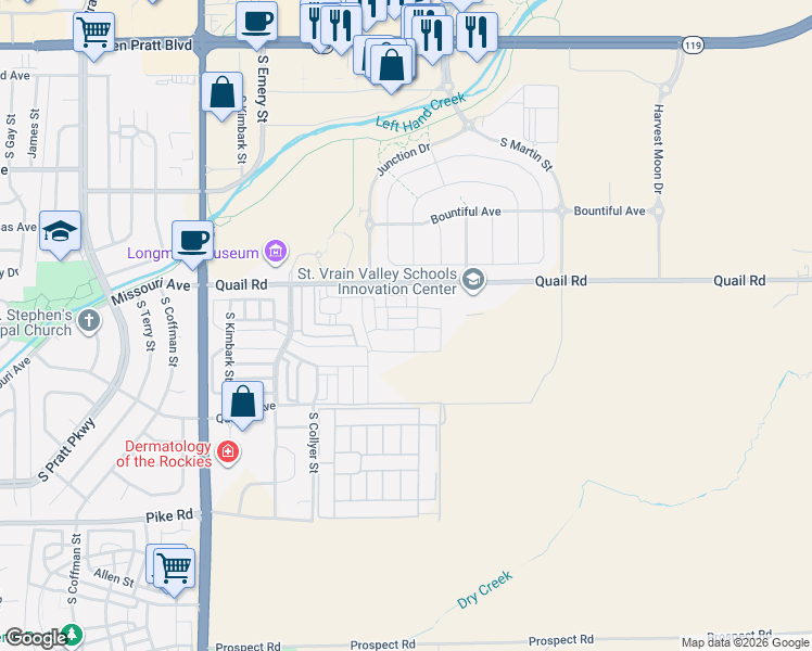 map of restaurants, bars, coffee shops, grocery stores, and more near 59 Avocet Court in Longmont