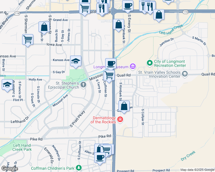 map of restaurants, bars, coffee shops, grocery stores, and more near 1216 South Coffman Street in Longmont