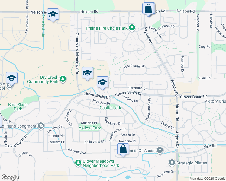 map of restaurants, bars, coffee shops, grocery stores, and more near 4241 Florentine Drive in Longmont