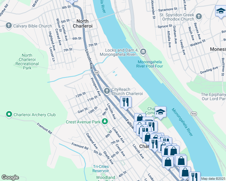 map of restaurants, bars, coffee shops, grocery stores, and more near 1016 McKean Avenue in Charleroi