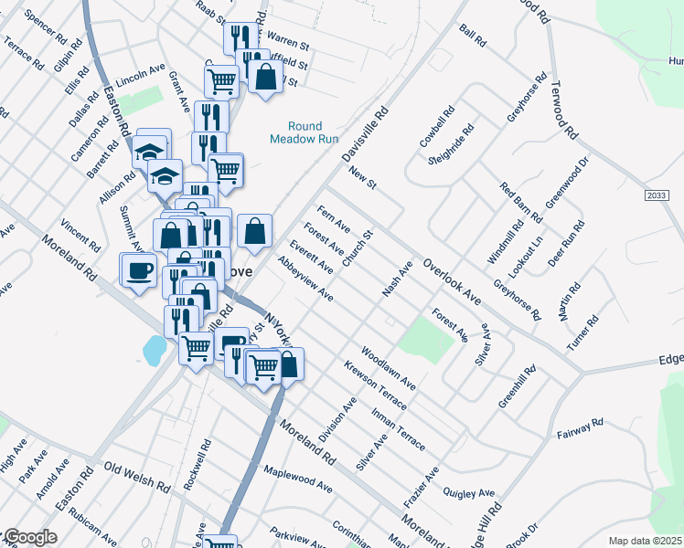 map of restaurants, bars, coffee shops, grocery stores, and more near 401 Church Street in Willow Grove