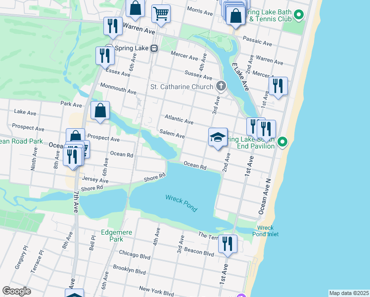 map of restaurants, bars, coffee shops, grocery stores, and more near 317 Salem Avenue in Spring Lake