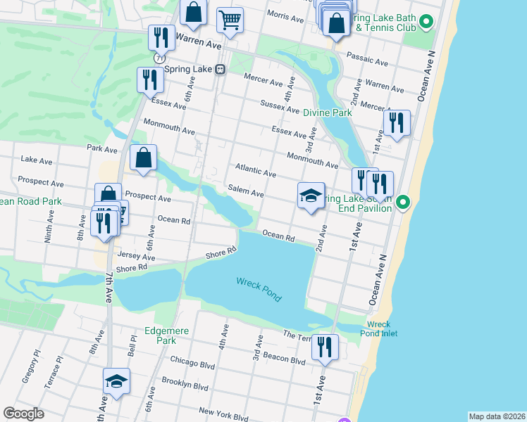 map of restaurants, bars, coffee shops, grocery stores, and more near 300 4th Avenue in Spring Lake