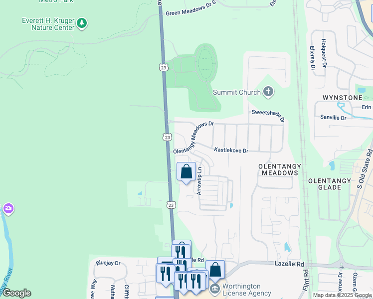 map of restaurants, bars, coffee shops, grocery stores, and more near 20 Olentangy Meadows Drive in Lewis Center