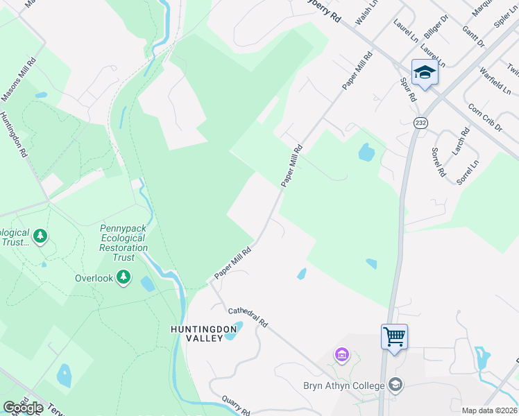 map of restaurants, bars, coffee shops, grocery stores, and more near 3080 Paper Mill Road in Bryn Athyn
