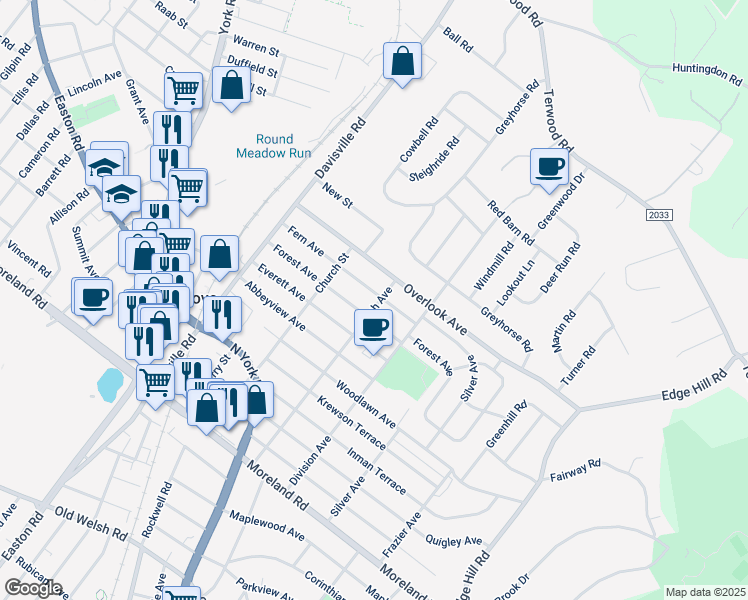 map of restaurants, bars, coffee shops, grocery stores, and more near 118 Fern Avenue in Willow Grove