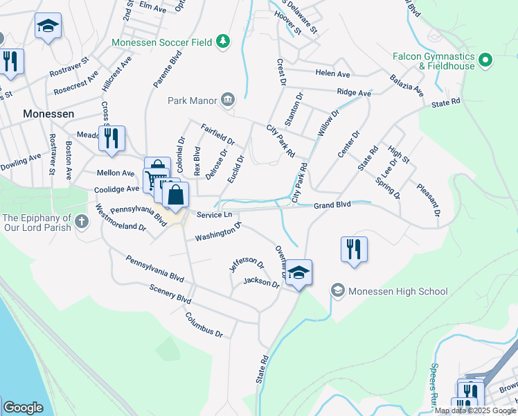 map of restaurants, bars, coffee shops, grocery stores, and more near City Park Walking Track in Monessen