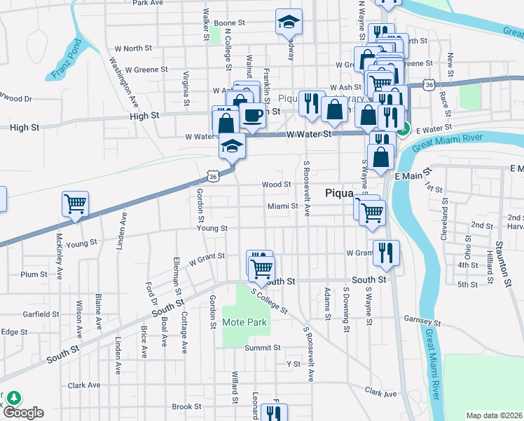 map of restaurants, bars, coffee shops, grocery stores, and more near 508 Miami Street in Piqua