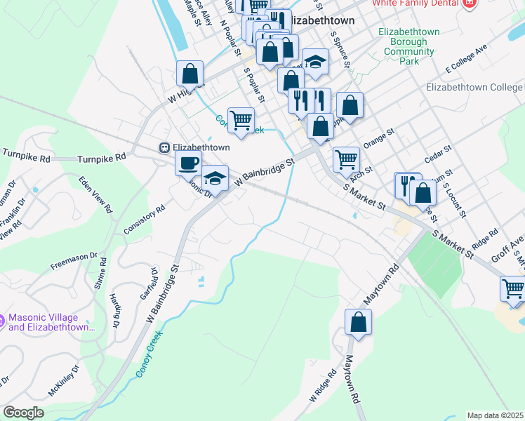 map of restaurants, bars, coffee shops, grocery stores, and more near 7 Pfautz Circle in Elizabethtown