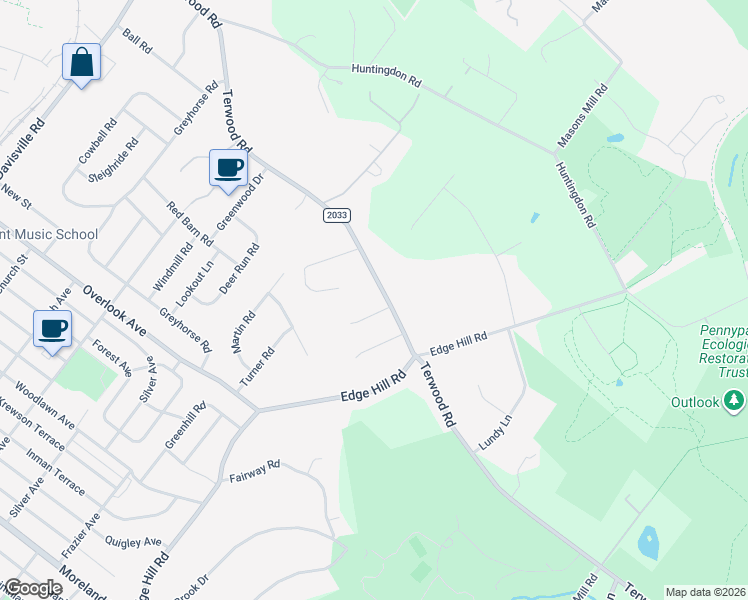 map of restaurants, bars, coffee shops, grocery stores, and more near 1960 Terwood Road in Willow Grove