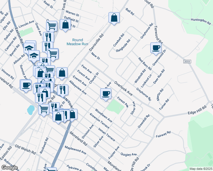 map of restaurants, bars, coffee shops, grocery stores, and more near 118 Fern Avenue in Willow Grove