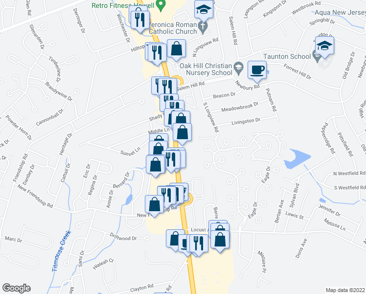 map of restaurants, bars, coffee shops, grocery stores, and more near Route 9 in Howell