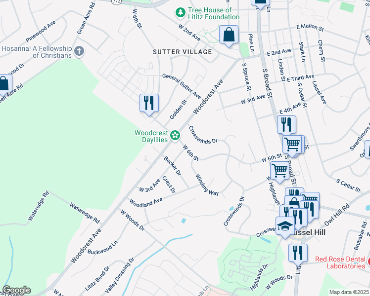 map of restaurants, bars, coffee shops, grocery stores, and more near 500 West 3rd Avenue in Lititz