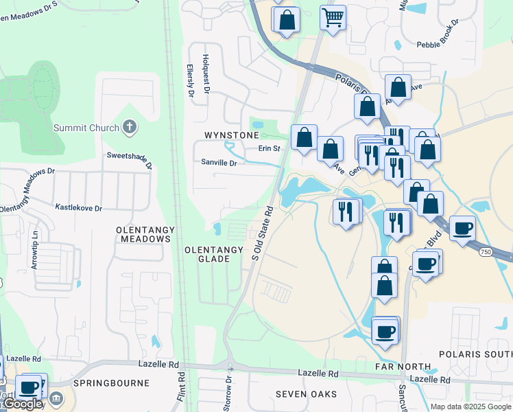 map of restaurants, bars, coffee shops, grocery stores, and more near 9520 South Old State Road in Lewis Center