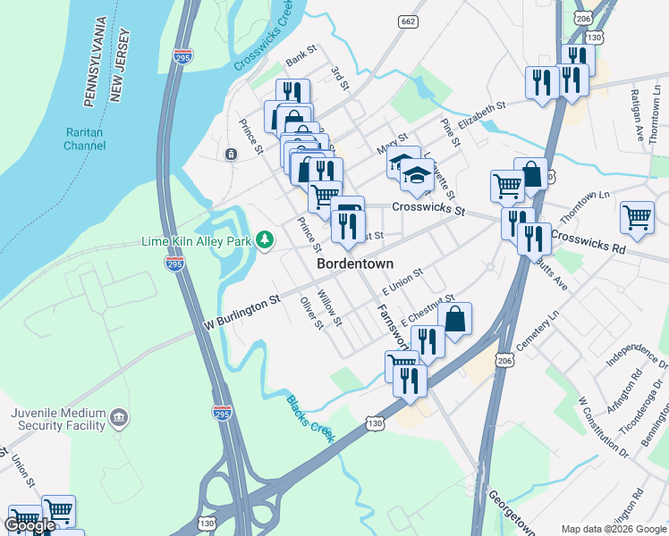 map of restaurants, bars, coffee shops, grocery stores, and more near in Bordentown