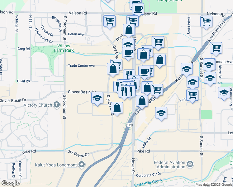 map of restaurants, bars, coffee shops, grocery stores, and more near 2361 Clover Basin Drive in Longmont