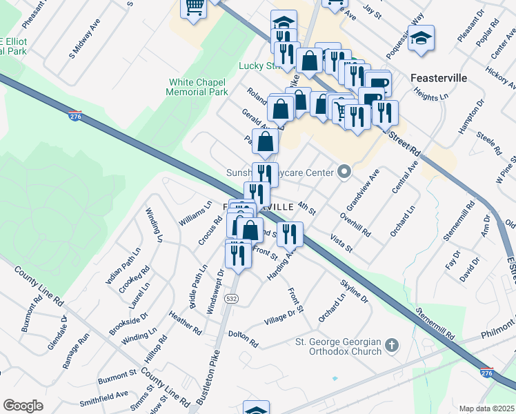 map of restaurants, bars, coffee shops, grocery stores, and more near in Feasterville-Trevose