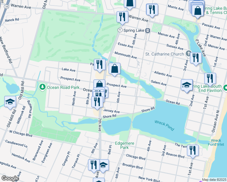 map of restaurants, bars, coffee shops, grocery stores, and more near 605 Prospect Avenue in Spring Lake