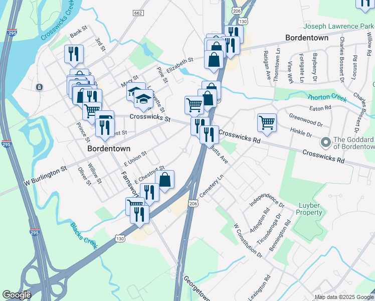 map of restaurants, bars, coffee shops, grocery stores, and more near in Bordentown