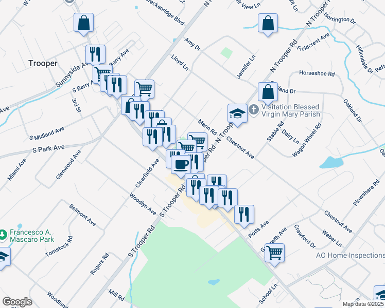 map of restaurants, bars, coffee shops, grocery stores, and more near 10 Henry Road in Eagleville