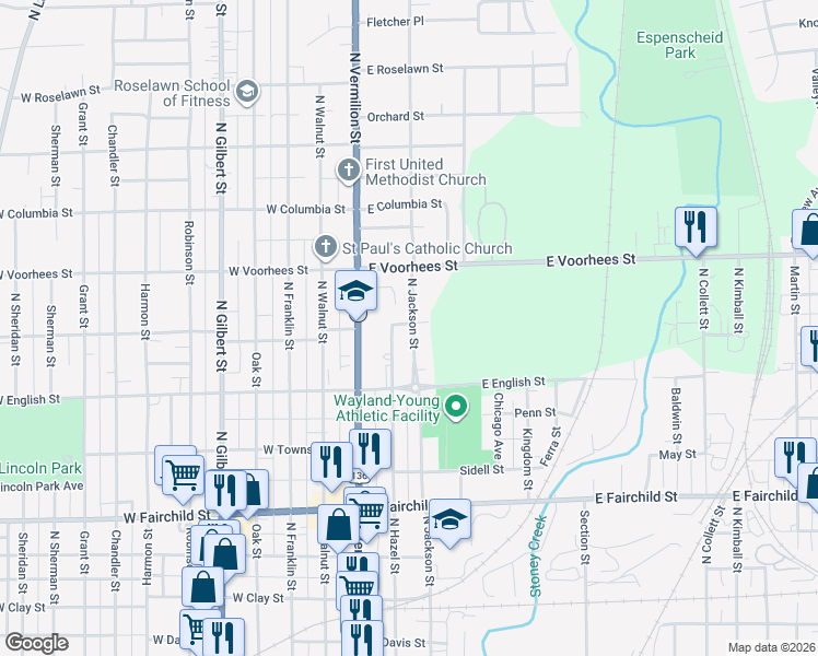 map of restaurants, bars, coffee shops, grocery stores, and more near 1202 North Jackson Street in Danville