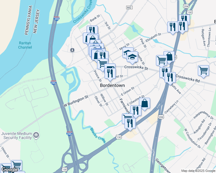 map of restaurants, bars, coffee shops, grocery stores, and more near 8 West Burlington Street in Bordentown