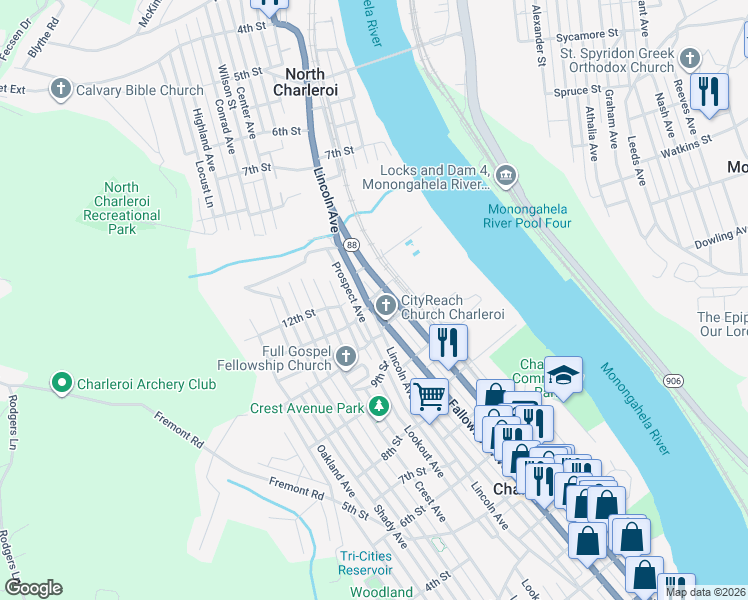 map of restaurants, bars, coffee shops, grocery stores, and more near 1110 Lincoln Avenue in Charleroi