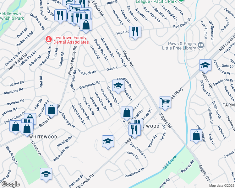 map of restaurants, bars, coffee shops, grocery stores, and more near 62 Gridiron Road in Levittown