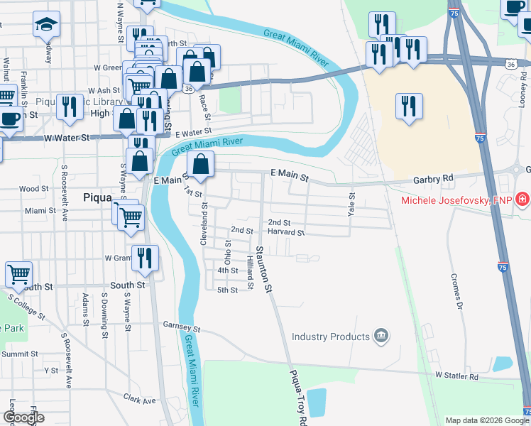 map of restaurants, bars, coffee shops, grocery stores, and more near 210 Staunton Street in Piqua