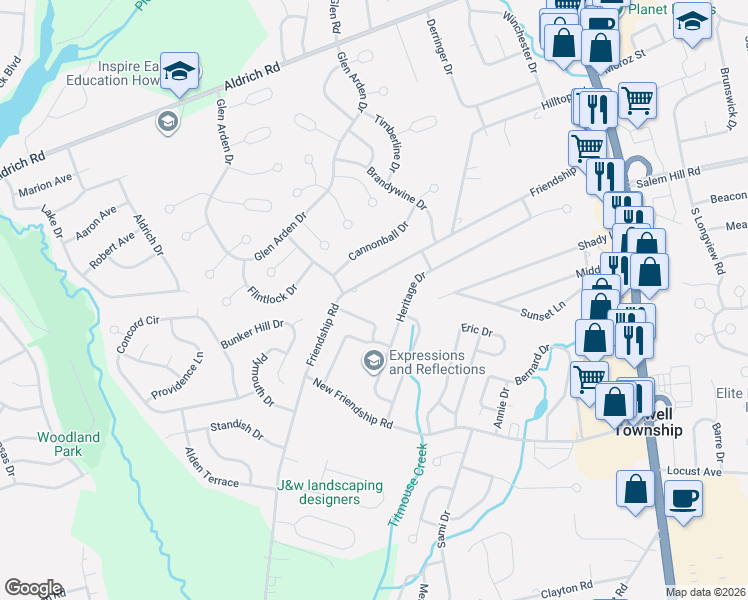 map of restaurants, bars, coffee shops, grocery stores, and more near 129 Friendship Road in Howell Township