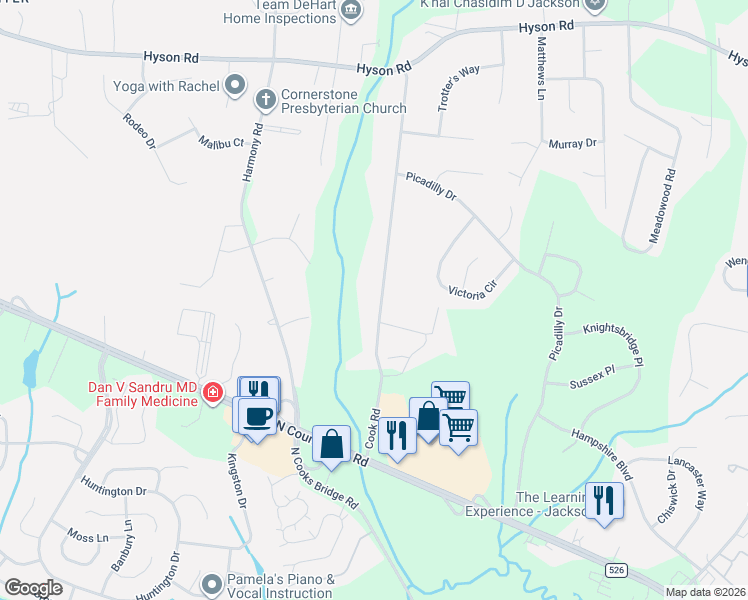 map of restaurants, bars, coffee shops, grocery stores, and more near 393 Cook Road in Jackson Township