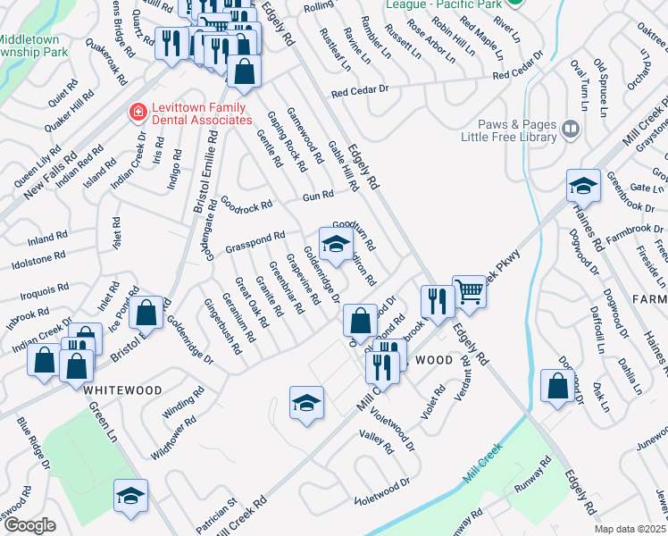 map of restaurants, bars, coffee shops, grocery stores, and more near 62 Gridiron Road in Levittown