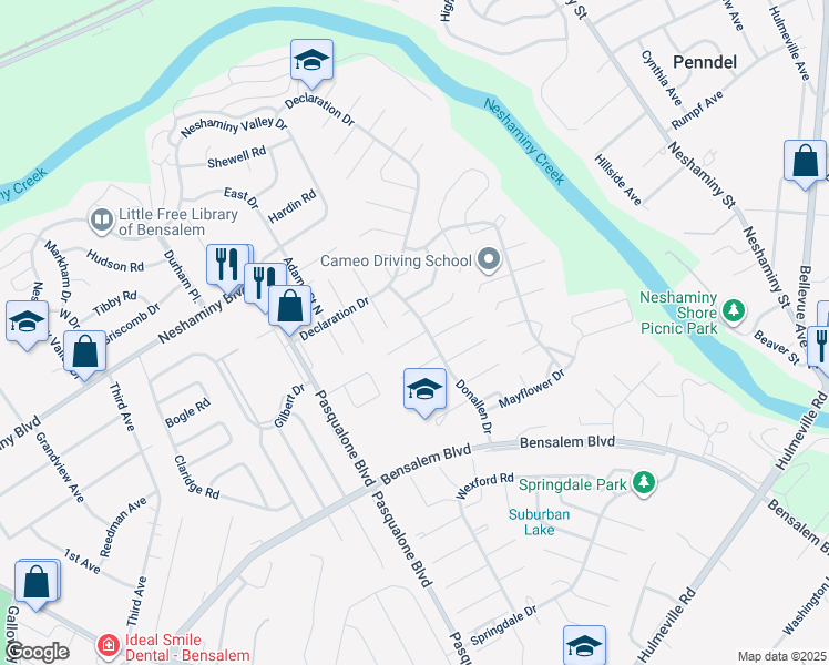 map of restaurants, bars, coffee shops, grocery stores, and more near 6209 Patrick Henry Court in Bensalem