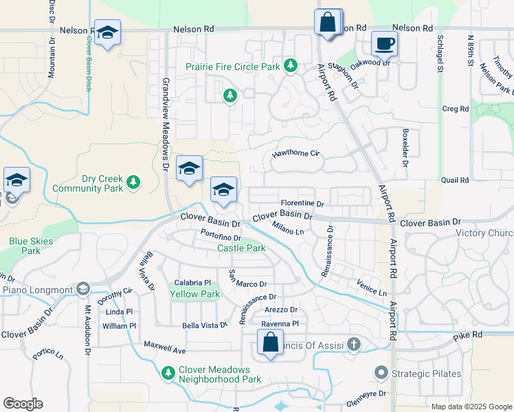 map of restaurants, bars, coffee shops, grocery stores, and more near 4241 Florentine Drive in Longmont