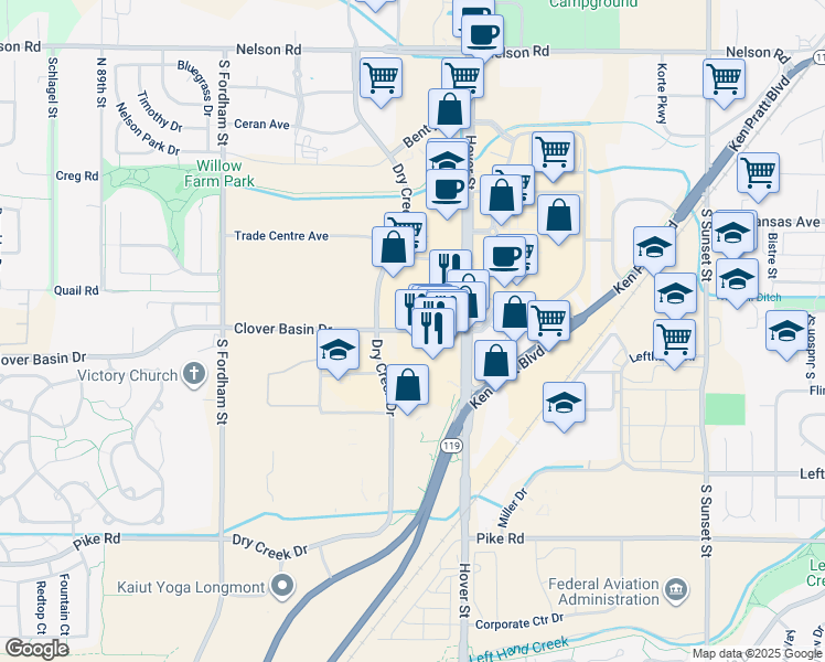 map of restaurants, bars, coffee shops, grocery stores, and more near 2501 Clover Basin Drive in Longmont