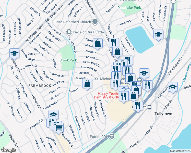 map of restaurants, bars, coffee shops, grocery stores, and more near 47 Summer Lane in Levittown