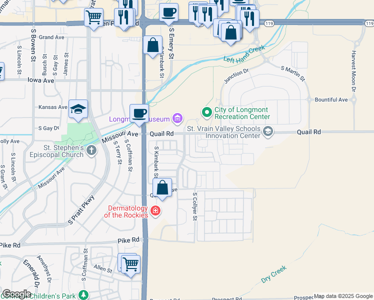 map of restaurants, bars, coffee shops, grocery stores, and more near 1234 South Emery Street in Longmont