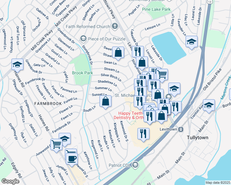 map of restaurants, bars, coffee shops, grocery stores, and more near 47 Summer Lane in Levittown