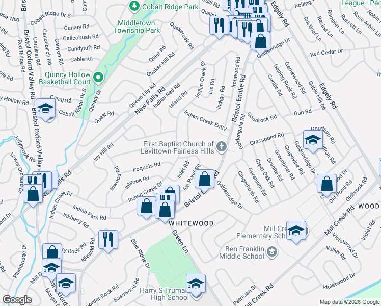map of restaurants, bars, coffee shops, grocery stores, and more near 10 Islet Road in Levittown