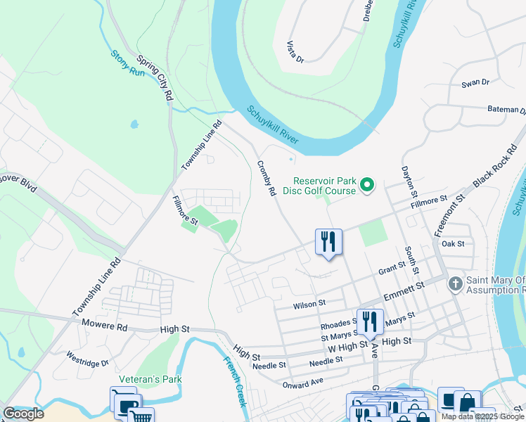 map of restaurants, bars, coffee shops, grocery stores, and more near 10 Cromby Road in Phoenixville
