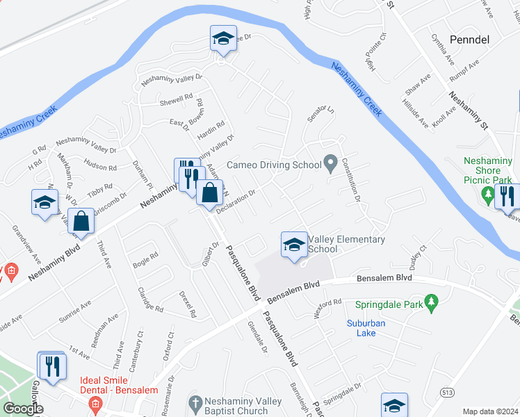 map of restaurants, bars, coffee shops, grocery stores, and more near 3333 Bryan Court in Bensalem