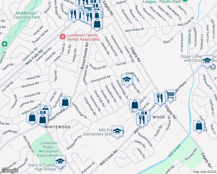 map of restaurants, bars, coffee shops, grocery stores, and more near 50 Greenbriar Road in Levittown