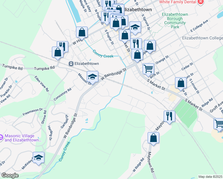 map of restaurants, bars, coffee shops, grocery stores, and more near 11 Pfautz Circle in Elizabethtown