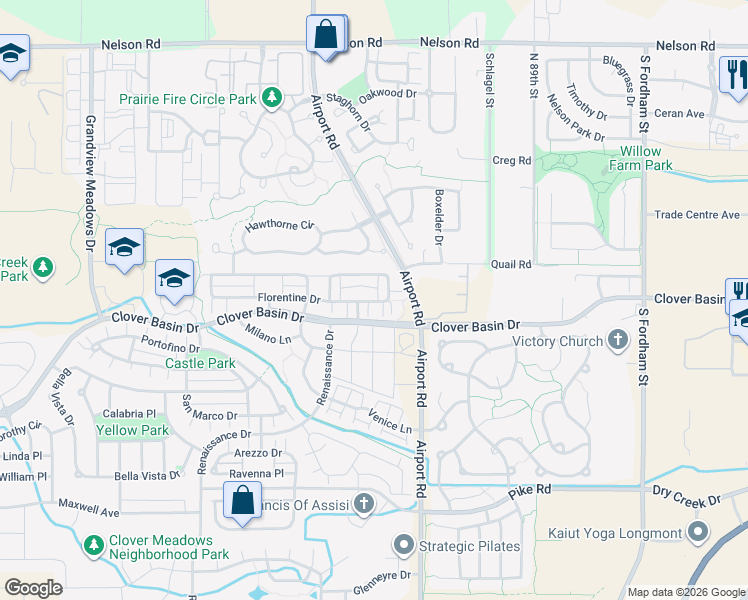 map of restaurants, bars, coffee shops, grocery stores, and more near 3738 Florentine Circle in Longmont