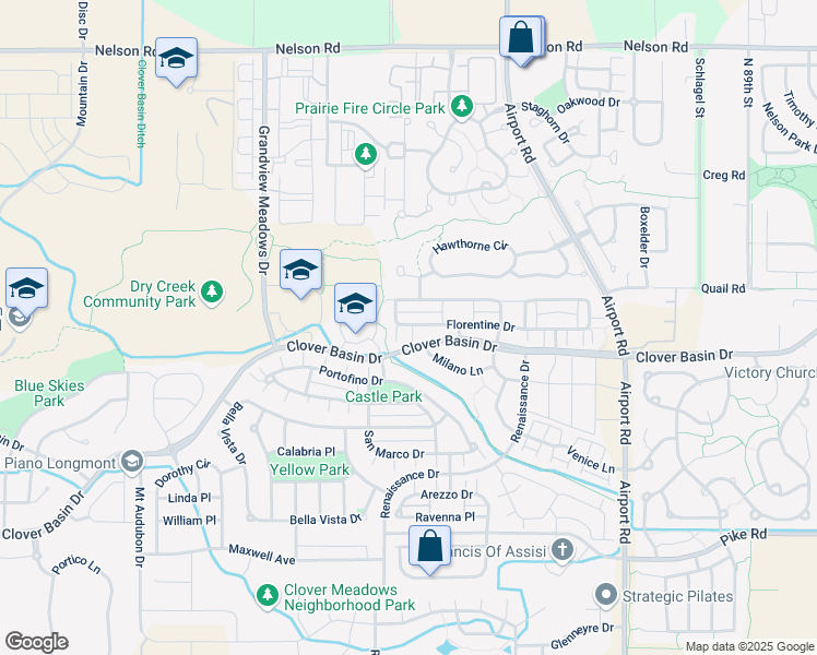 map of restaurants, bars, coffee shops, grocery stores, and more near 4241 Florentine Drive in Longmont