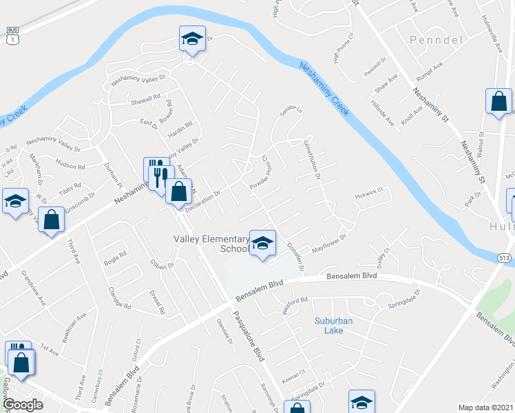 map of restaurants, bars, coffee shops, grocery stores, and more near 6205 Patrick Henry Court in Bensalem