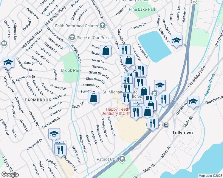 map of restaurants, bars, coffee shops, grocery stores, and more near 79 Stonybrook Drive in Levittown